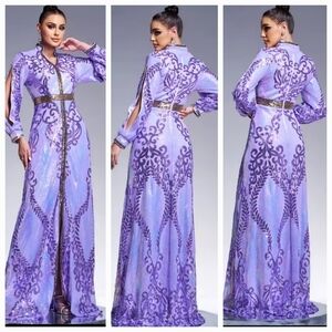 Purple,  Graphic Print,  V Neck, Contrast Sequined Maxi Gown